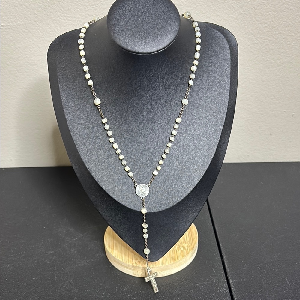 Vintage Moonstone Silver Tone Rosary Cross Religious